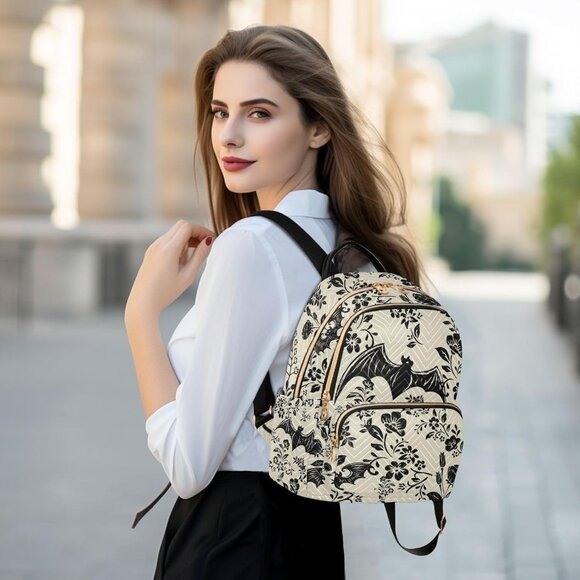 Goth Bat Flowers Quilted Small Backpack Water Resistant Casual Daypack - Picture 6 of 7